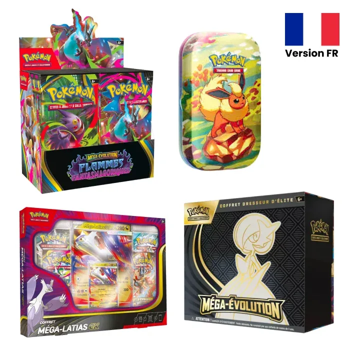 Pack Coffret Dresseur d'Élite Méga-Gardevoir-ex + Display Flammes Fantasmagoriques + Coffret Méga-Latias-ex + Mini Tin Évolutions Prismatiques