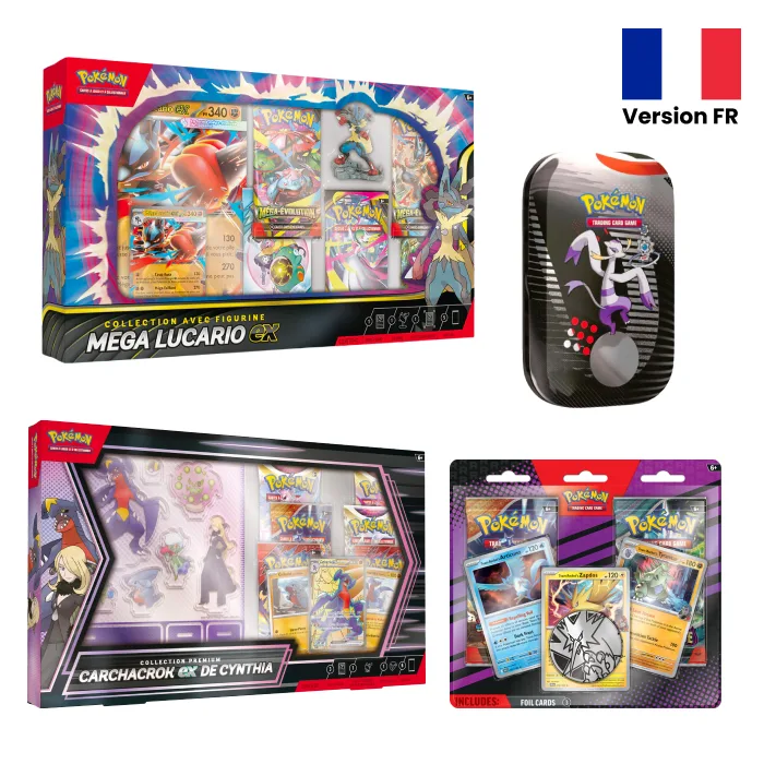 Pack Coffret Carchacrok-ex + Duopack Team Rocket + Coffret Figurine Méga-Lucario-ex + Mini Tin Foudre Noire et Flamme Blanche