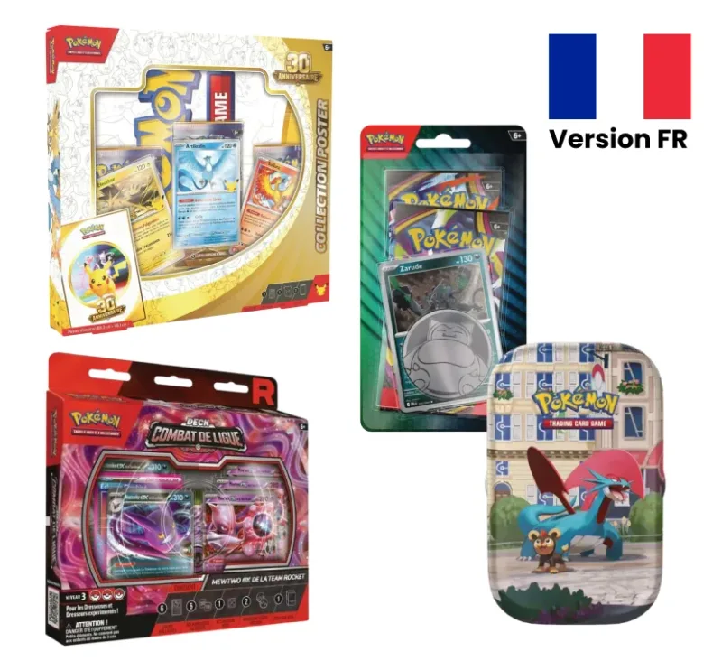 Pack 1 Duopack ME04/ME05 + 1 Mini-Tin ME03/ME04 + 1 Deck Combat Mewtwo ex Team Rocket + 1 Coffret Poster 30e Anniversaire